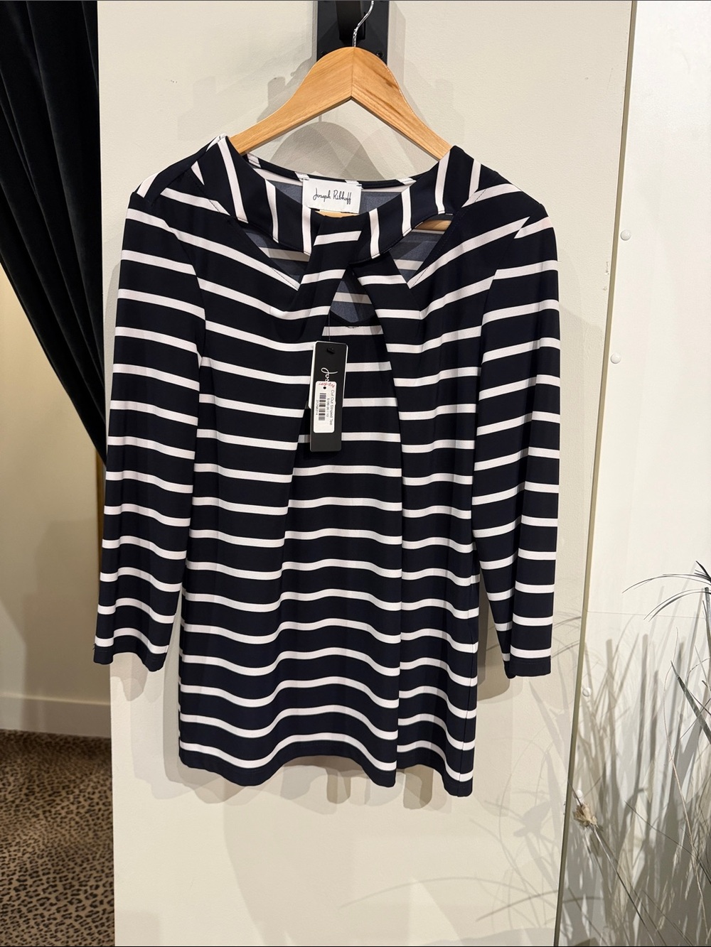 Joseph Ribkoff Navy and White Striped Keyhole Neck Top